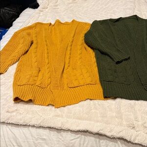 2 Cozy Mustard and Olive Cable Knit Sweaters